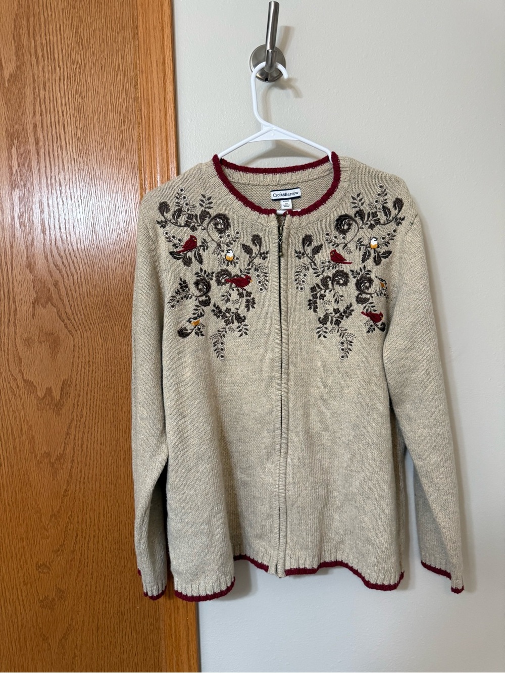 Croft & Barrow Woman 1X Zip Cardigan Sweater Birds Floral Beige Silk Blend Y2K